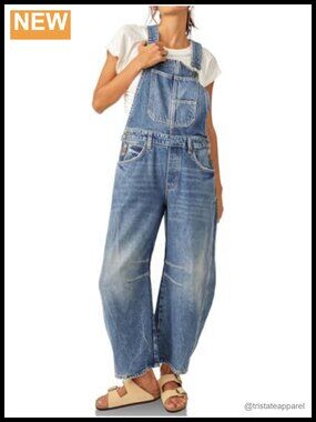 Womens Denim Bib Overalls Baggy Barrel Jeans Adjustable Strap Loose Jumpsuit